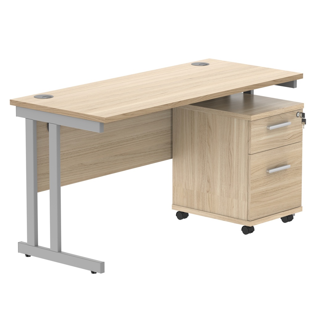 Double Upright Rectangular Desk + 2 Drawer Mobile Under Desk Pedestal (FSC) | 1400X600 | Canadian Oak/Silver