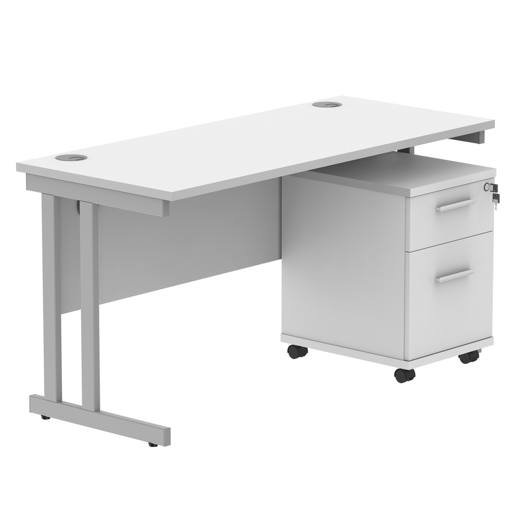Double Upright Rectangular Desk + 2 Drawer Mobile Under Desk Pedestal (FSC) | 1400X600 | Arctic White/Silver