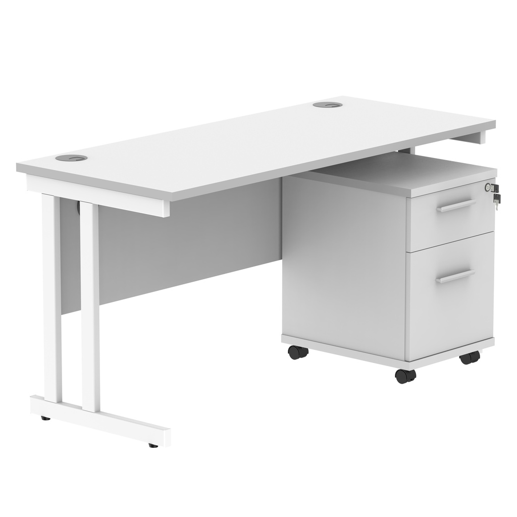 Double Upright Rectangular Desk + 2 Drawer Mobile Under Desk Pedestal (FSC) | 1400X600 | Arctic White/White