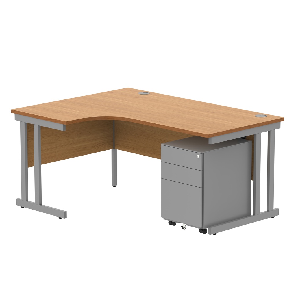 Double Upright Left Hand Radial Desk + Under Desk Steel Pedestal 3 Drawers (FSC) | 1600X1200 | Norwegian Beech/Silver