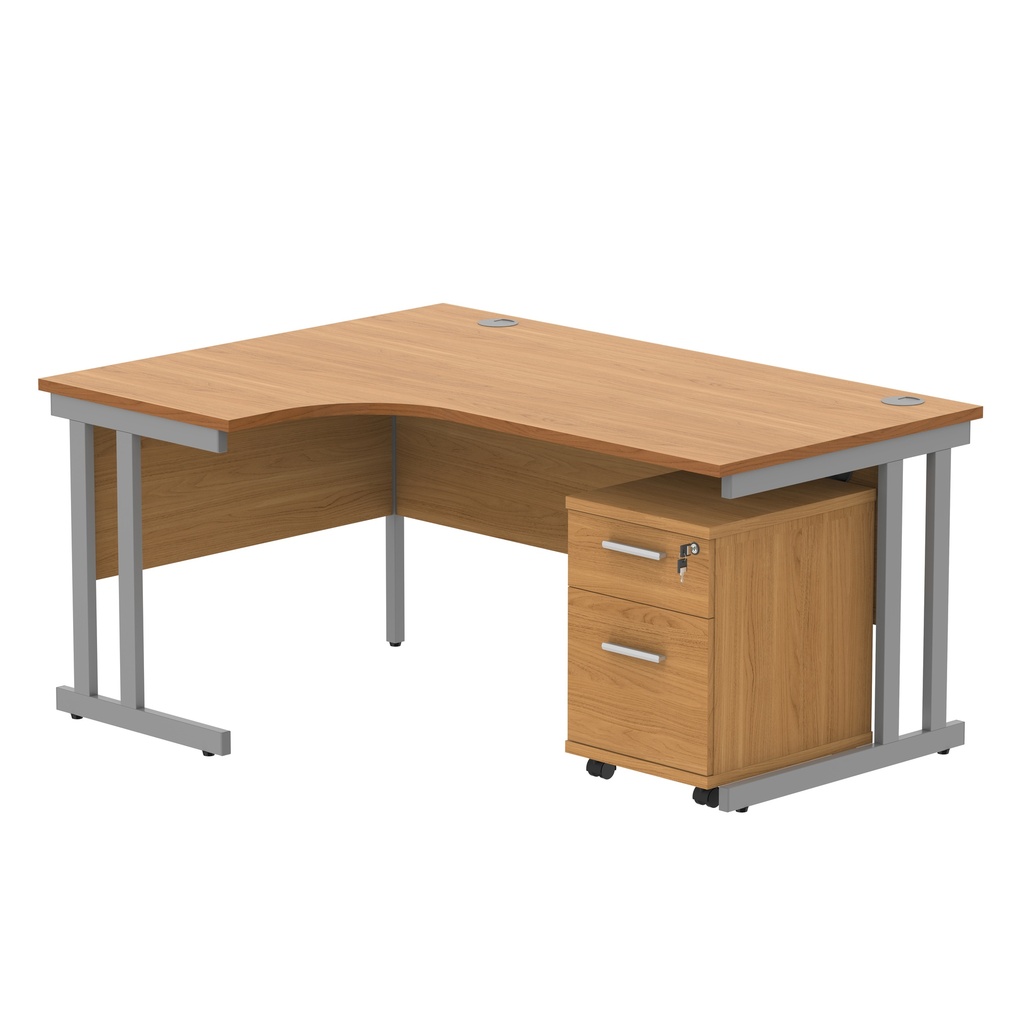 Double Upright Left Hand Radial Desk + 2 Drawer Mobile Under Desk Pedestal (FSC) | 1600X1200 | Norwegian Beech/Silver