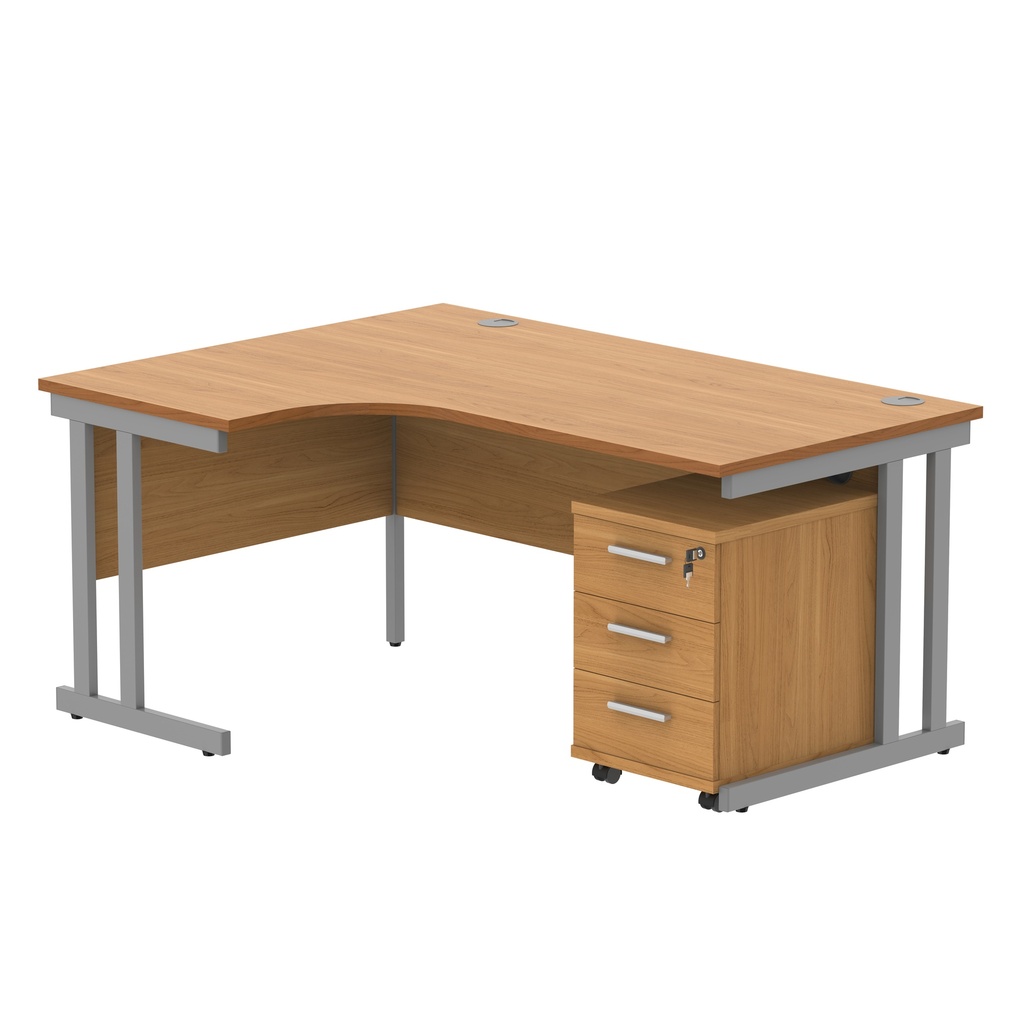 Double Upright Left Hand Radial Desk + 3 Drawer Mobile Under Desk Pedestal (FSC) | 1600X1200 | Norwegian Beech/Silver