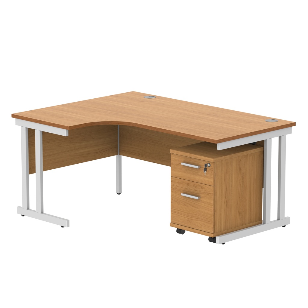 Double Upright Left Hand Radial Desk + 2 Drawer Mobile Under Desk Pedestal (FSC) | 1600X1200 | Norwegian Beech/White