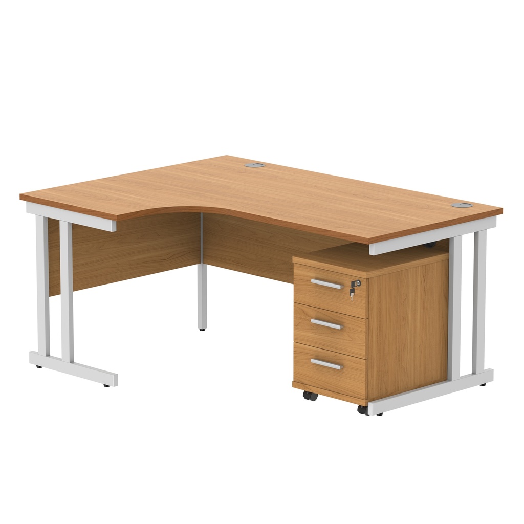 Double Upright Left Hand Radial Desk + 3 Drawer Mobile Under Desk Pedestal (FSC) | 1600X1200 | Norwegian Beech/White