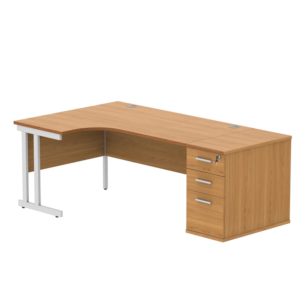 Double Upright Left Hand Radial Desk + Desk High Pedestal (FSC) | 800mm Deep Pedestal | 1600X1200 | Norwegian Beech/White