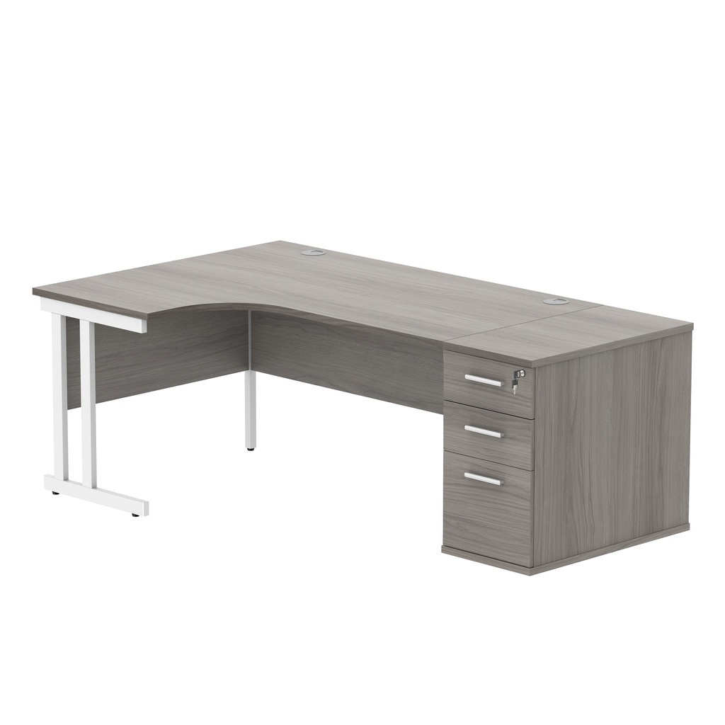 Double Upright Left Hand Radial Desk + Desk High Pedestal (FSC) | 800mm Deep Pedestal | 1600X1200 | Alaskan Grey Oak/White