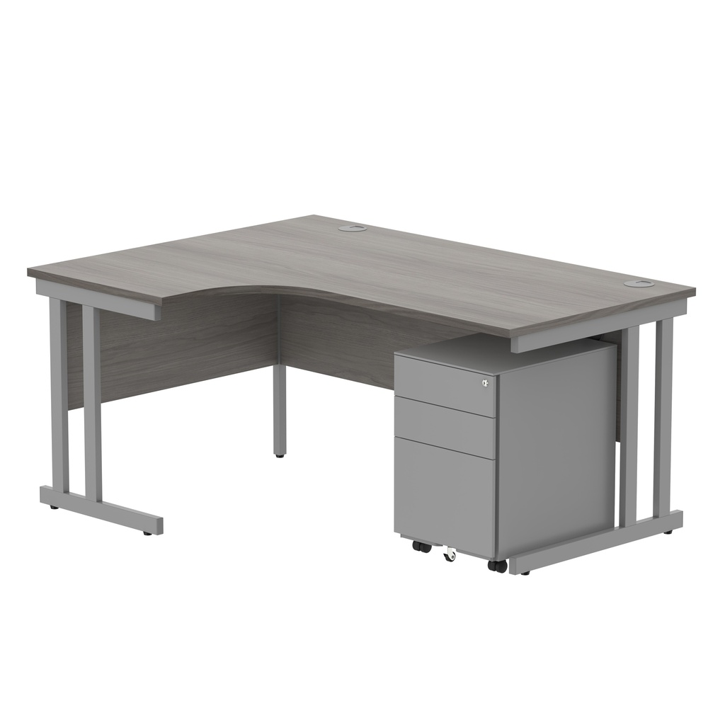 Double Upright Left Hand Radial Desk + Under Desk Steel Pedestal 3 Drawers (FSC) | 1600X1200 | Alaskan Grey Oak/Silver