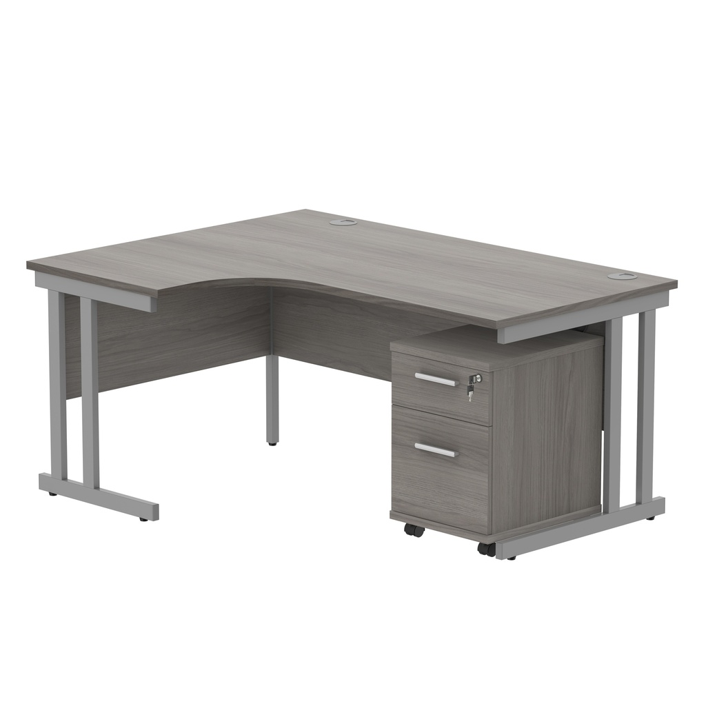 Double Upright Left Hand Radial Desk + 2 Drawer Mobile Under Desk Pedestal (FSC) | 1600X1200 | Alaskan Grey Oak/Silver
