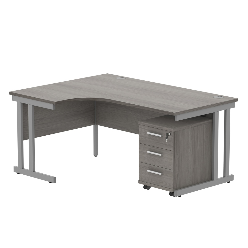 Double Upright Left Hand Radial Desk + 3 Drawer Mobile Under Desk Pedestal (FSC) | 1600X1200 | Alaskan Grey Oak/Silver