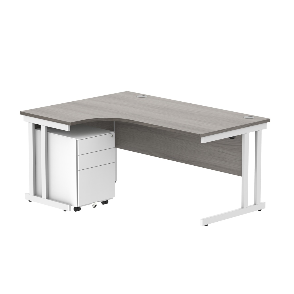Double Upright Left Hand Radial Desk + Under Desk Steel Pedestal 3 Drawers (FSC) | 1600X1200 | Alaskan Grey Oak/White