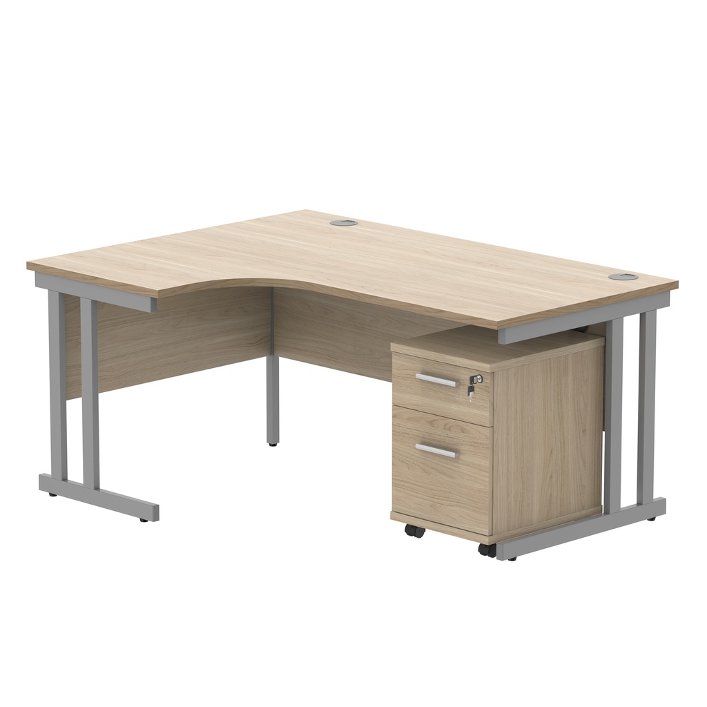 Double Upright Left Hand Radial Desk + 2 Drawer Mobile Under Desk Pedestal (FSC) | 1600X1200 | Canadian Oak/Silver