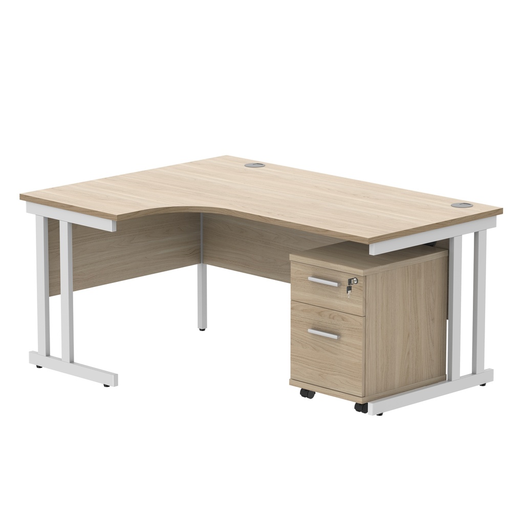 Double Upright Left Hand Radial Desk + 2 Drawer Mobile Under Desk Pedestal (FSC) | 1600X1200 | Canadian Oak/White