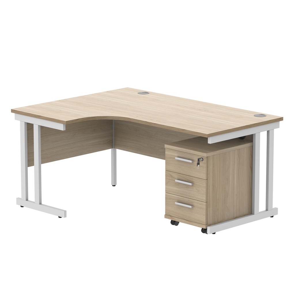 Double Upright Left Hand Radial Desk + 3 Drawer Mobile Under Desk Pedestal (FSC) | 1600X1200 | Canadian Oak/White