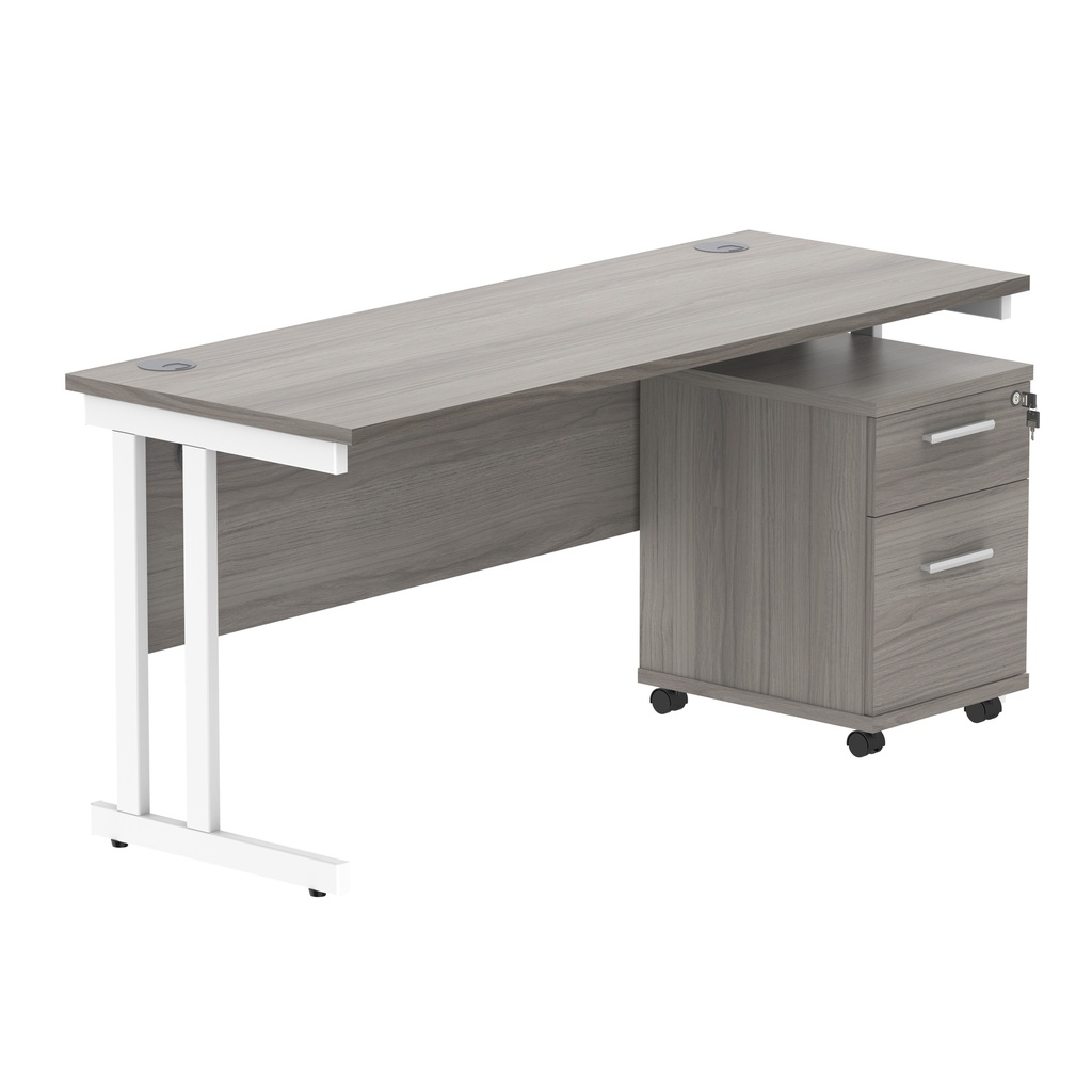 Double Upright Rectangular Desk + 2 Drawer Mobile Under Desk Pedestal (FSC) | 1600X600 | Alaskan Grey Oak/White