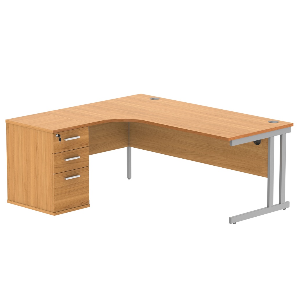 Double Upright Left Hand Radial Desk + Desk High Pedestal (FSC) | 600mm Deep Pedestal | 1800X1200 | Norwegian Beech/Silver