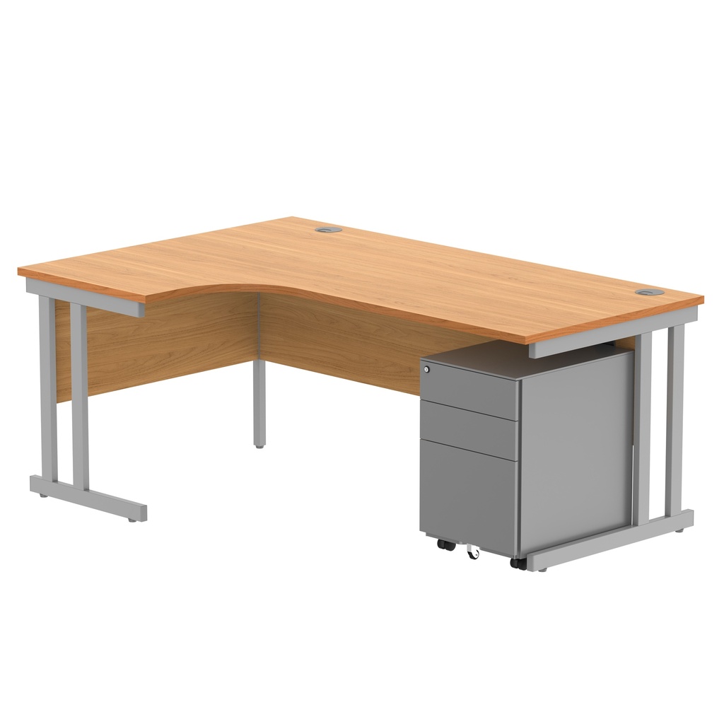 Double Upright Left Hand Radial Desk + Under Desk Steel Pedestal 3 Drawers (FSC) | 1800X1200 | Norwegian Beech/Silver
