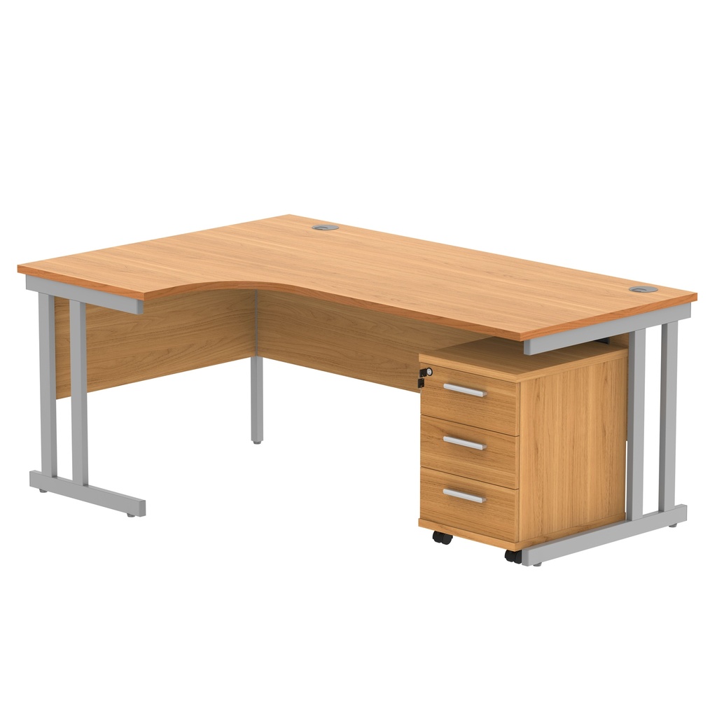 Double Upright Left Hand Radial Desk + 3 Drawer Mobile Under Desk Pedestal (FSC) | 1800X1200 | Norwegian Beech/Silver
