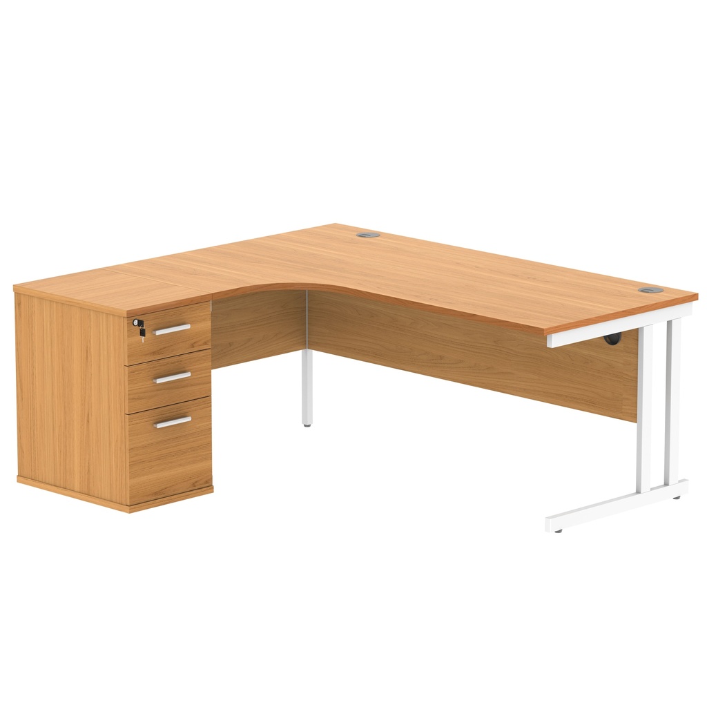 Double Upright Left Hand Radial Desk + Desk High Pedestal (FSC) | 600mm Deep Pedestal | 1800X1200 | Norwegian Beech/White
