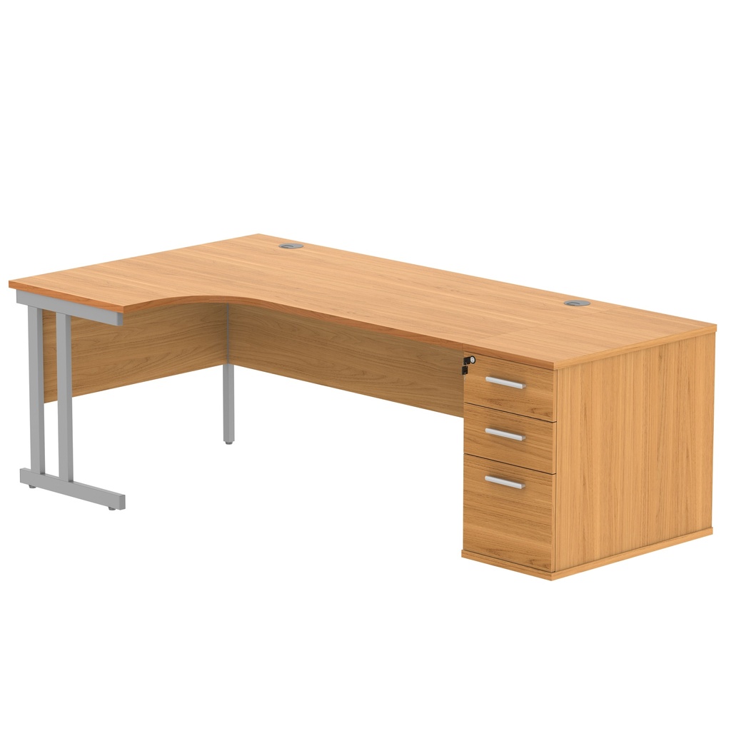 Double Upright Left Hand Radial Desk + Desk High Pedestal (FSC) | 800mm Deep Pedestal | 1800X1200 | Norwegian Beech/Silver