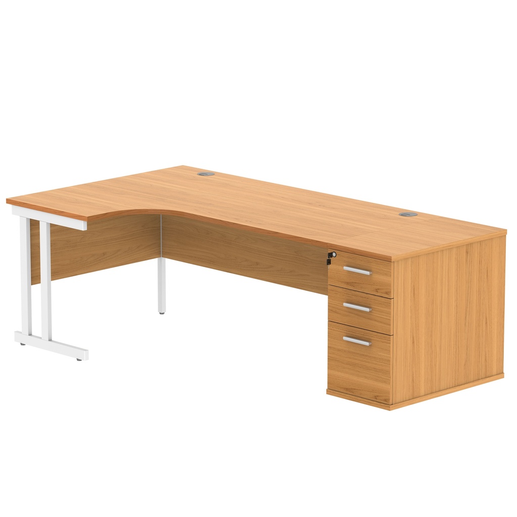 Double Upright Left Hand Radial Desk + Desk High Pedestal (FSC) | 800mm Deep Pedestal | 1800X1200 | Norwegian Beech/White