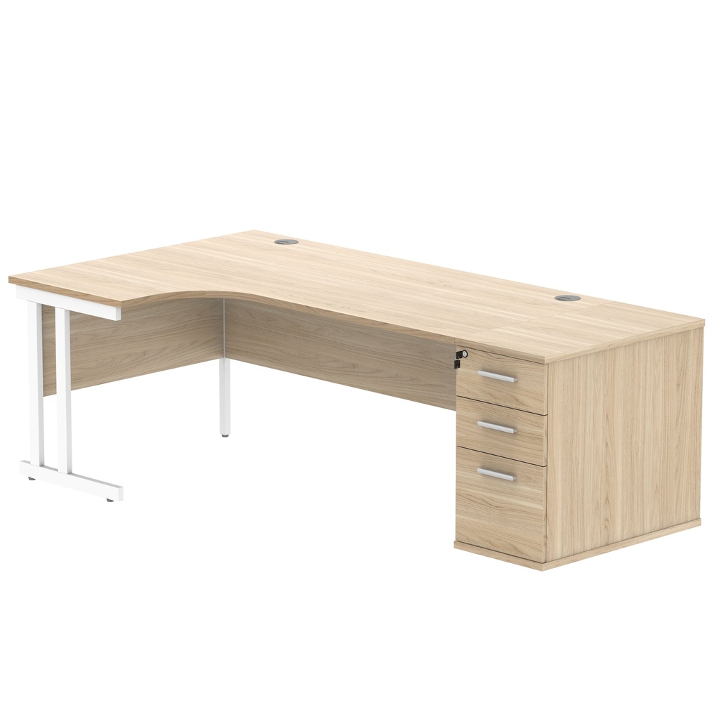 Double Upright Left Hand Radial Desk + Desk High Pedestal (FSC) | 800mm Deep Pedestal | 1800X1200 | Canadian Oak/White