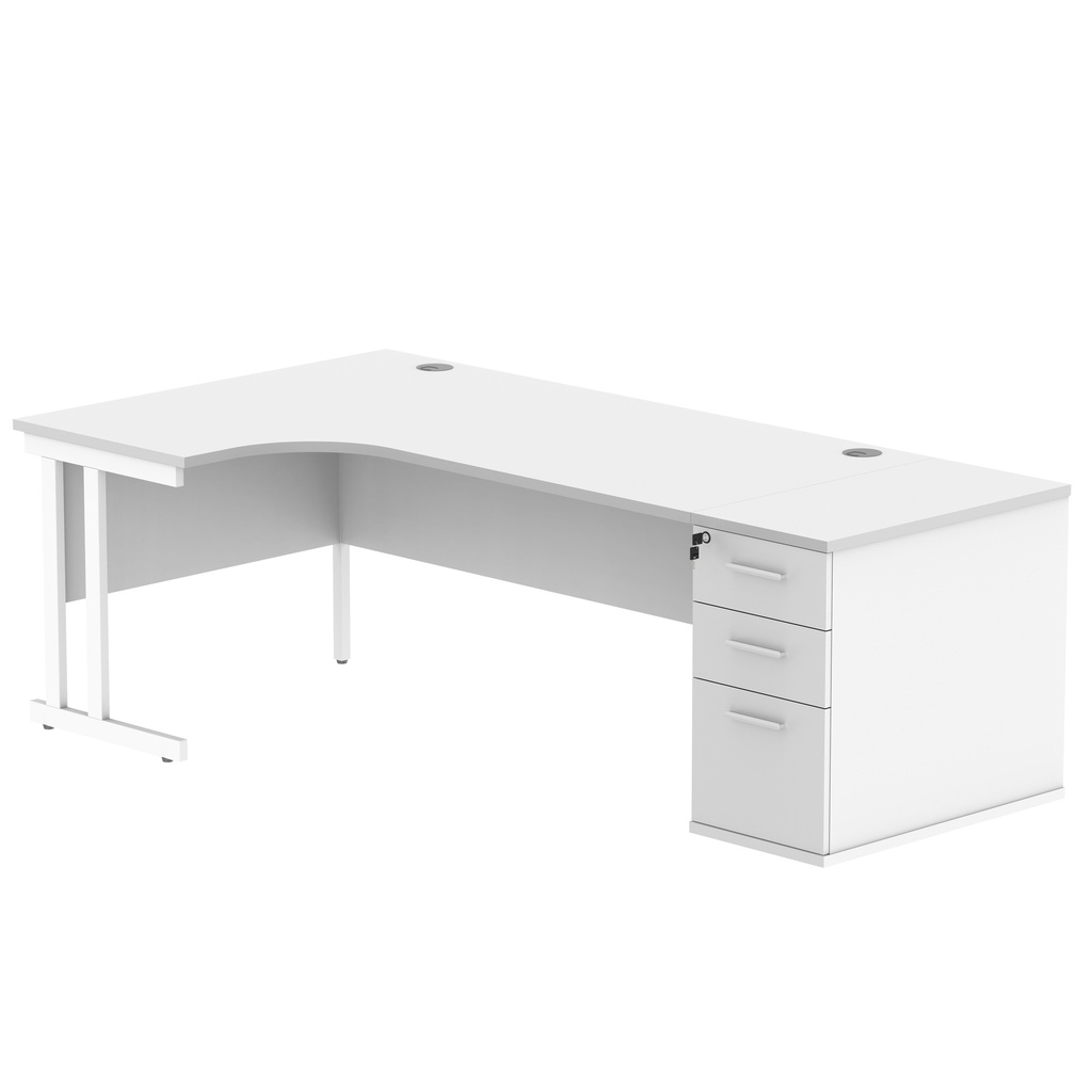 Double Upright Left Hand Radial Desk + Desk High Pedestal (FSC) | 800mm Deep Pedestal | 1800X1200 | Arctic White/White
