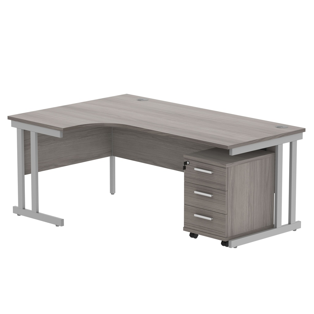 Double Upright Left Hand Radial Desk + 3 Drawer Mobile Under Desk Pedestal (FSC) | 1800X1200 | Alaskan Grey Oak/Silver