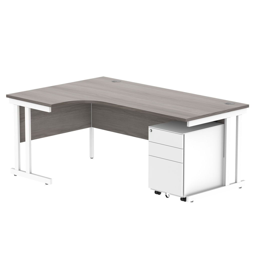 Double Upright Left Hand Radial Desk + Under Desk Steel Pedestal 3 Drawers (FSC) | 1800X1200 | Alaskan Grey Oak/White