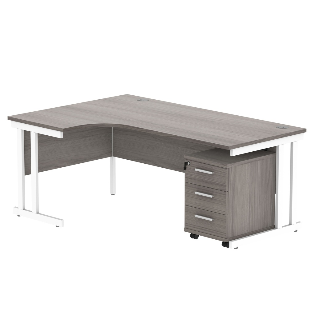 Double Upright Left Hand Radial Desk + 3 Drawer Mobile Under Desk Pedestal (FSC) | 1800X1200 | Alaskan Grey Oak/White