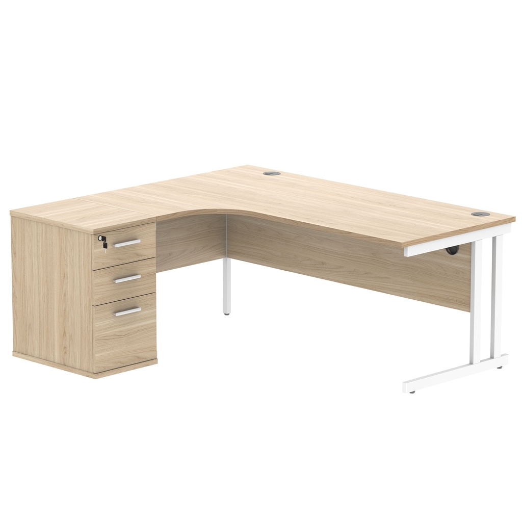 Double Upright Left Hand Radial Desk + Desk High Pedestal (FSC) | 600mm Deep Pedestal | 1800X1200 | Canadian Oak/White