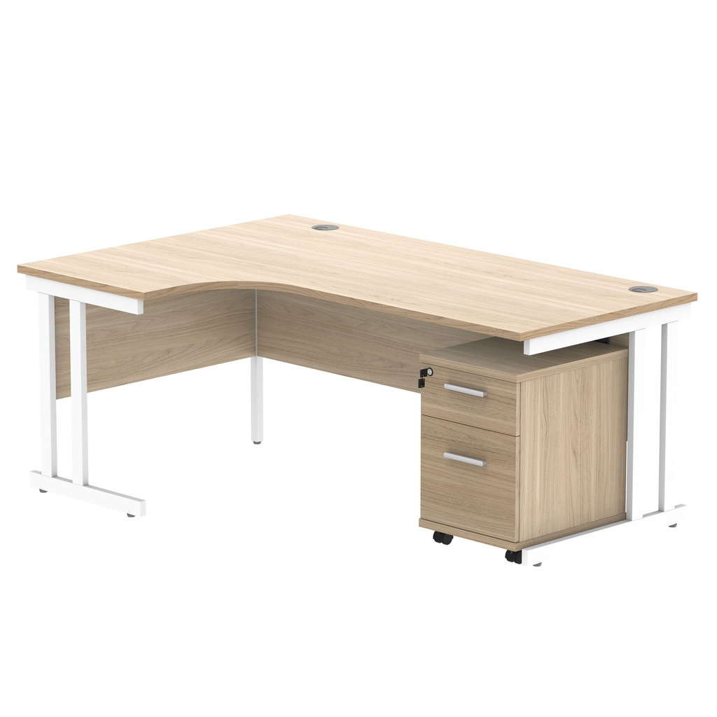 Double Upright Left Hand Radial Desk + 2 Drawer Mobile Under Desk Pedestal (FSC) | 1800X1200 | Canadian Oak/White
