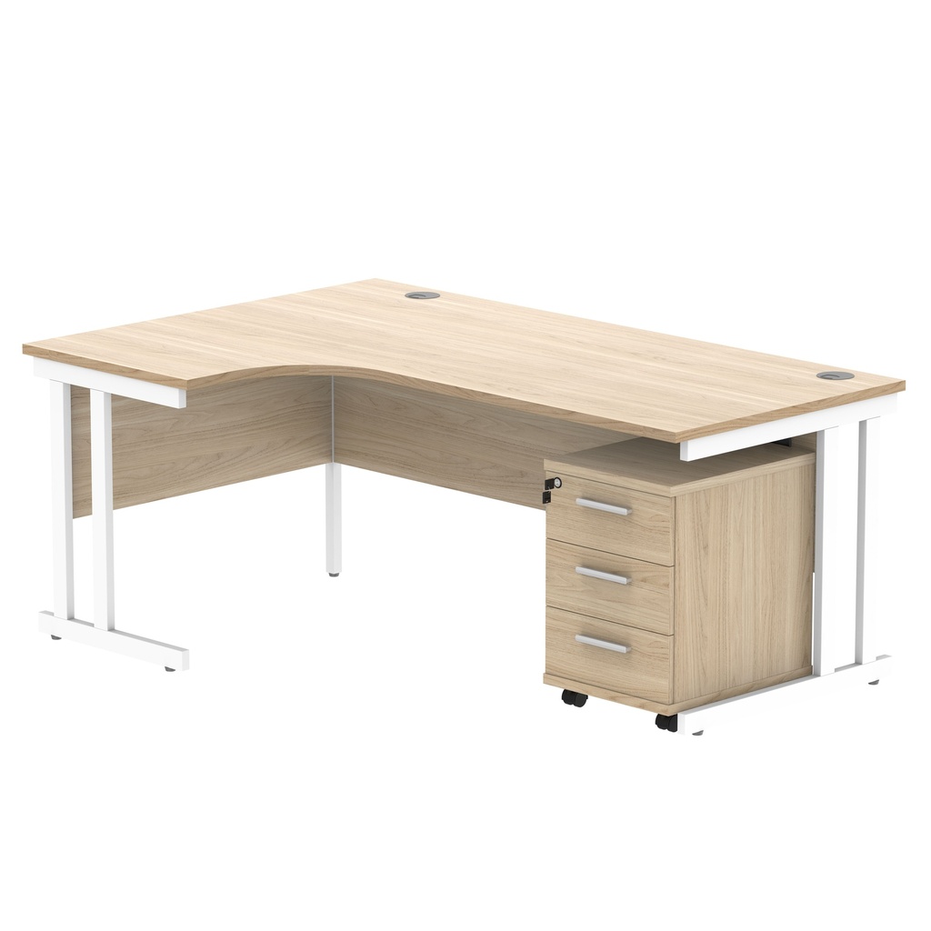 Double Upright Left Hand Radial Desk + 3 Drawer Mobile Under Desk Pedestal (FSC) | 1800X1200 | Canadian Oak/White