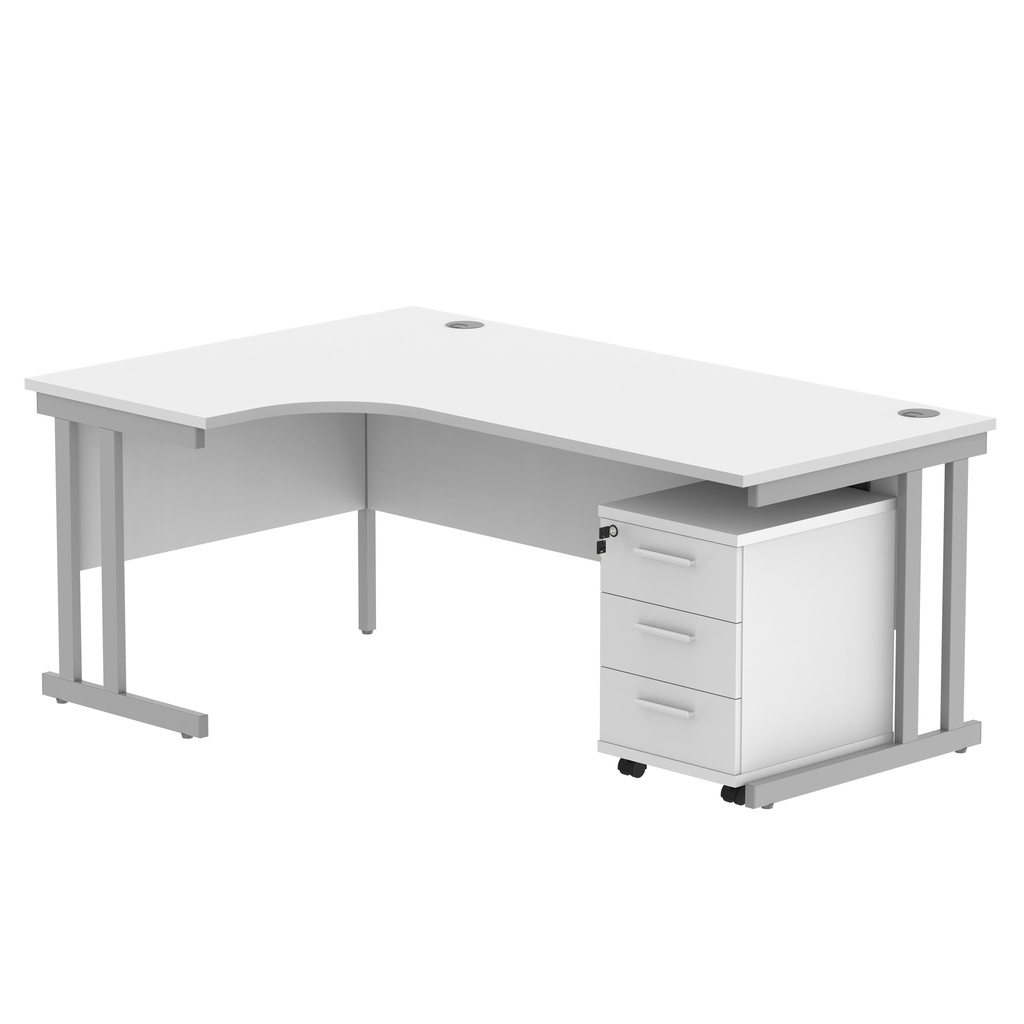 Double Upright Left Hand Radial Desk + 3 Drawer Mobile Under Desk Pedestal (FSC) | 1800X1200 | Arctic White/Silver