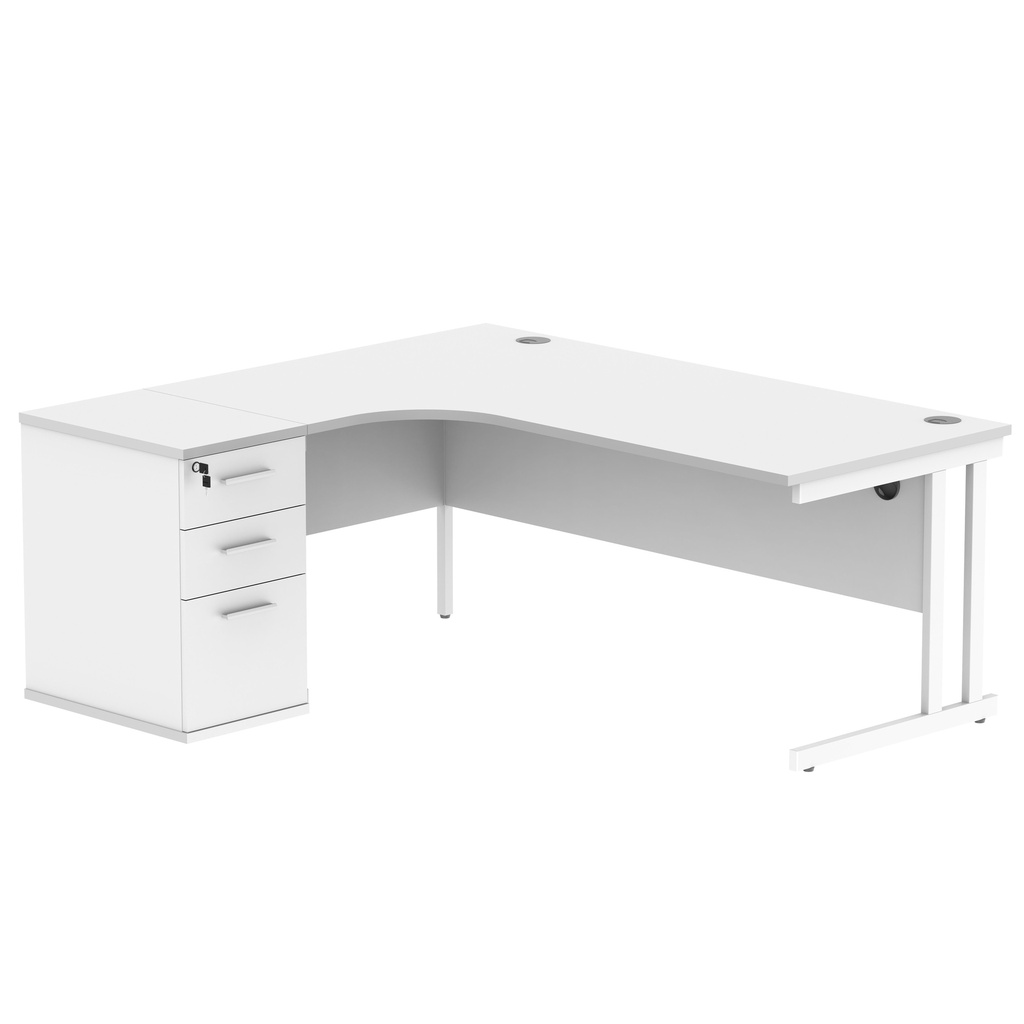 Double Upright Left Hand Radial Desk + Desk High Pedestal (FSC) | 600mm Deep Pedestal | 1800X1200 | Arctic White/White