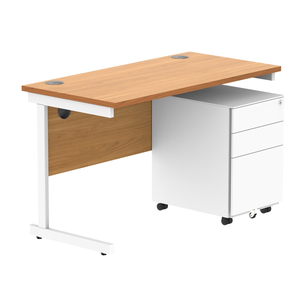CORE Single Upright Rectangular Desk + Under Desk Steel Pedestal 3 Drawers (FSC) | 1200 X 600 | Norwegian Beech/White