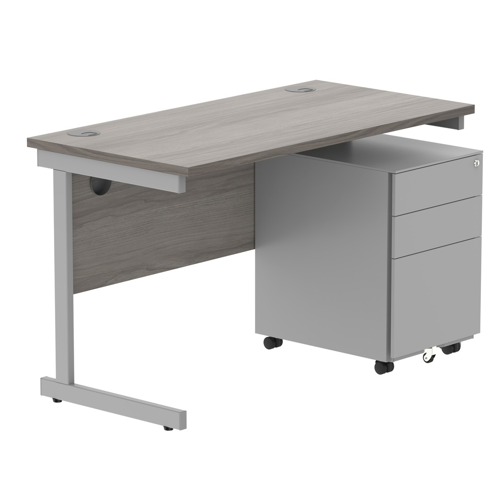 CORE Single Upright Rectangular Desk + Under Desk Steel Pedestal 3 Drawers (FSC) | 1200 X 600 | Alaskan Grey Oak/Silver