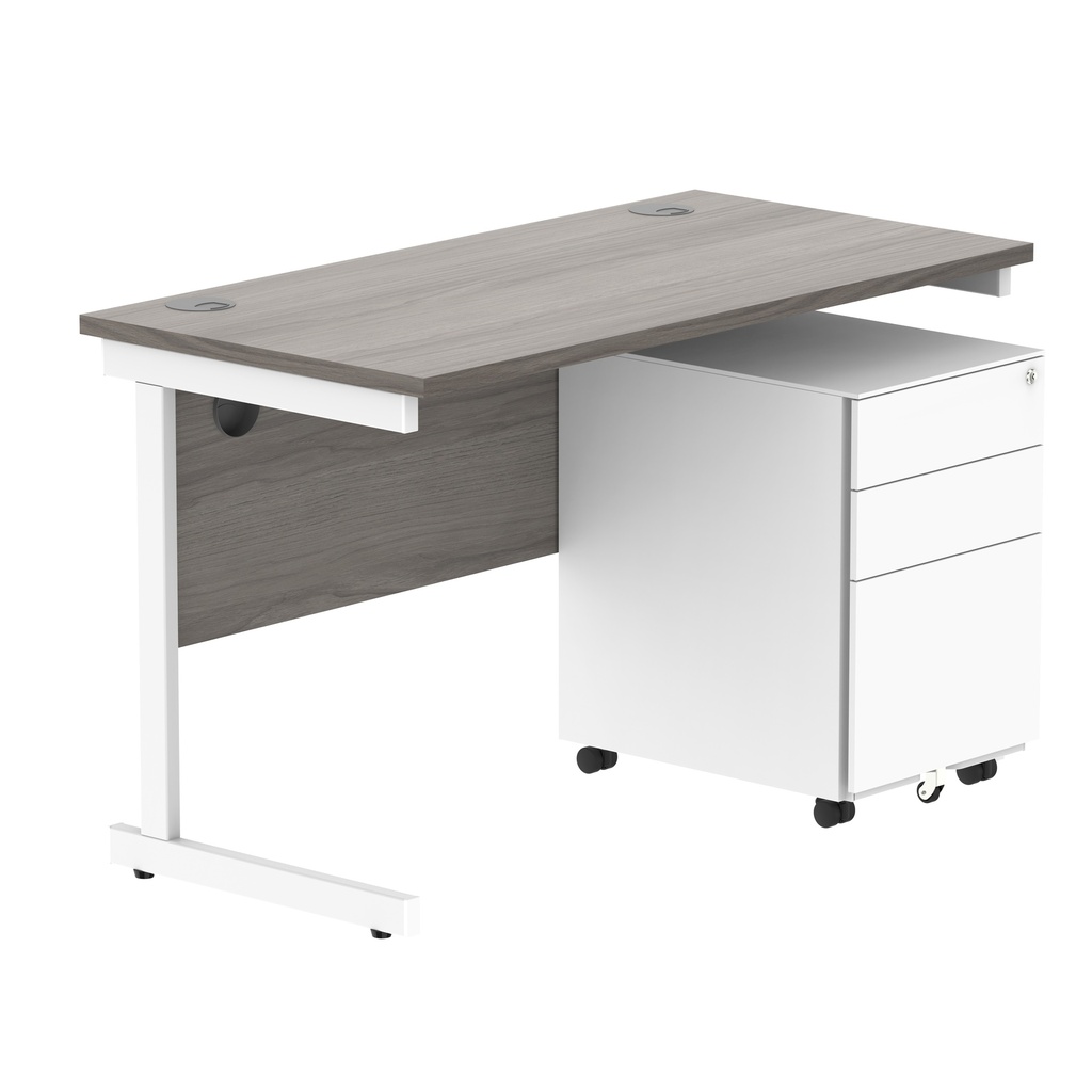 CORE Single Upright Rectangular Desk + Under Desk Steel Pedestal 3 Drawers (FSC) | 1200 X 600 | Alaskan Grey Oak/White