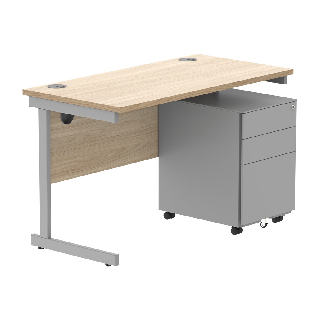 CORE Single Upright Rectangular Desk + Under Desk Steel Pedestal 3 Drawers (FSC) | 1200 X 600 | Canadian Oak/Silver