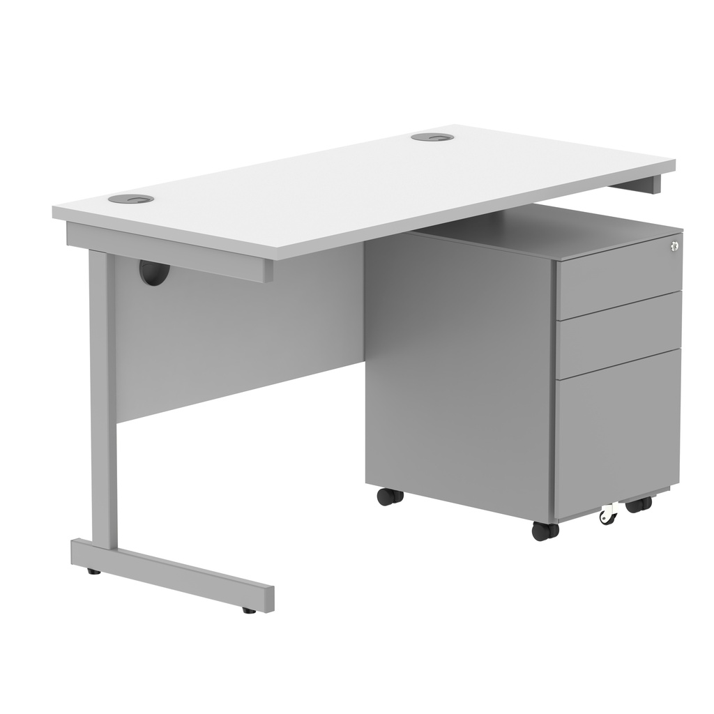 CORE Single Upright Rectangular Desk + Under Desk Steel Pedestal 3 Drawers (FSC) | 1200 X 600 | Arctic White/Silver