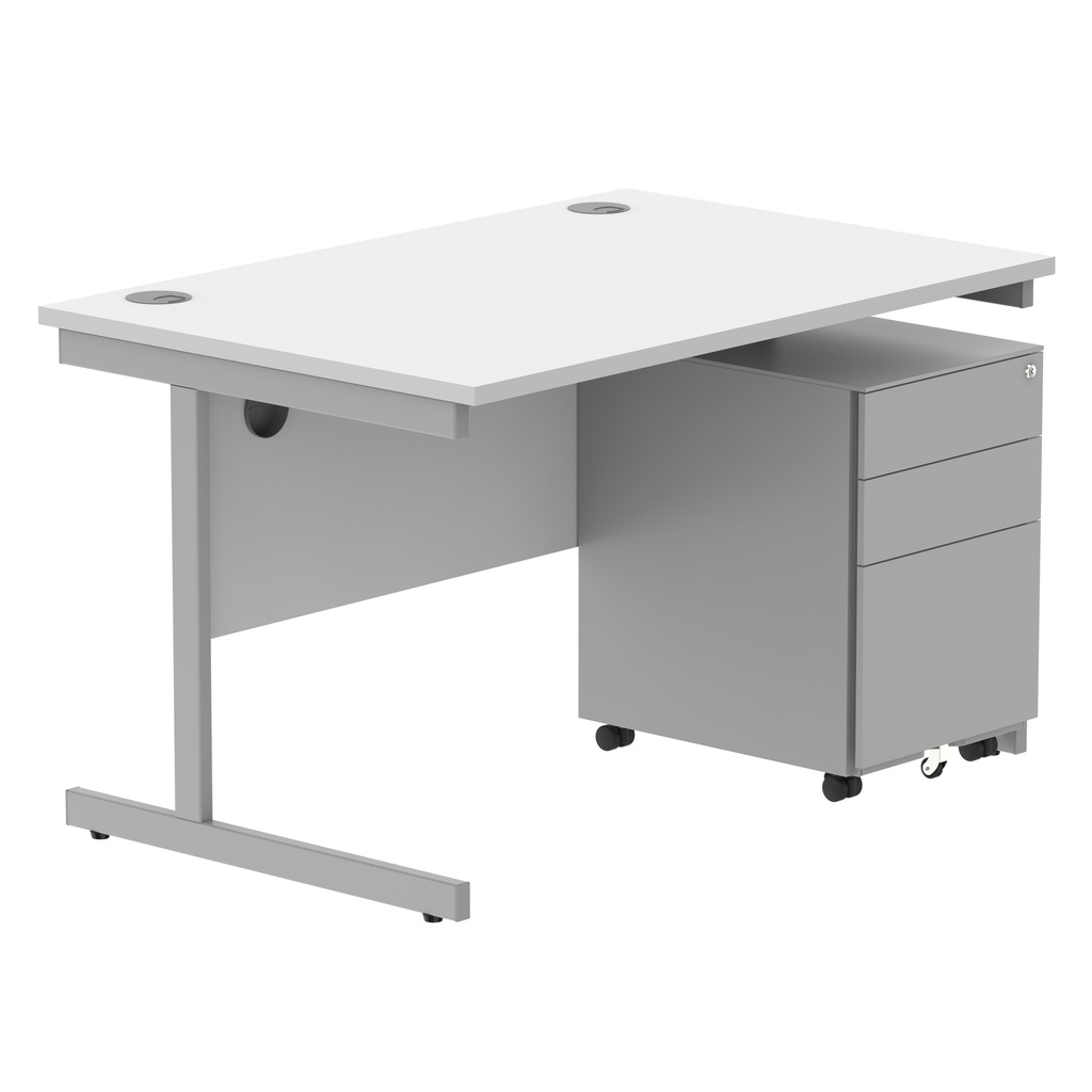 CORE Single Upright Rectangular Desk + Under Desk Steel Pedestal 3 Drawers (FSC) | 1200 X 800 | Arctic White/Silver