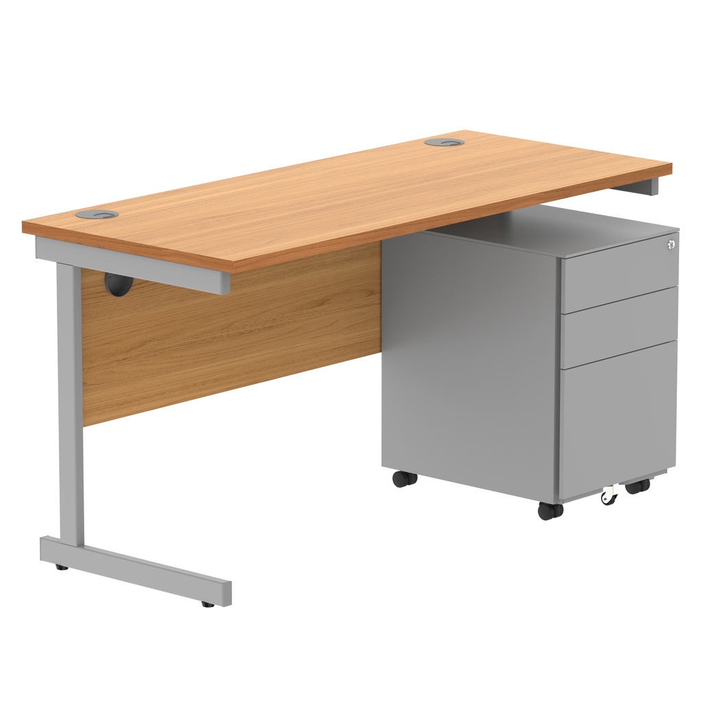 CORE Single Upright Rectangular Desk + Under Desk Steel Pedestal 3 Drawers (FSC) | 1400 X 600 | Norwegian Beech/Silver
