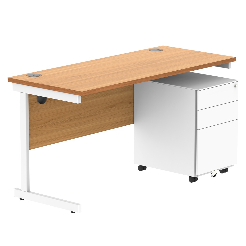 CORE Single Upright Rectangular Desk + Under Desk Steel Pedestal 3 Drawers (FSC) | 1400 X 600 | Norwegian Beech/White