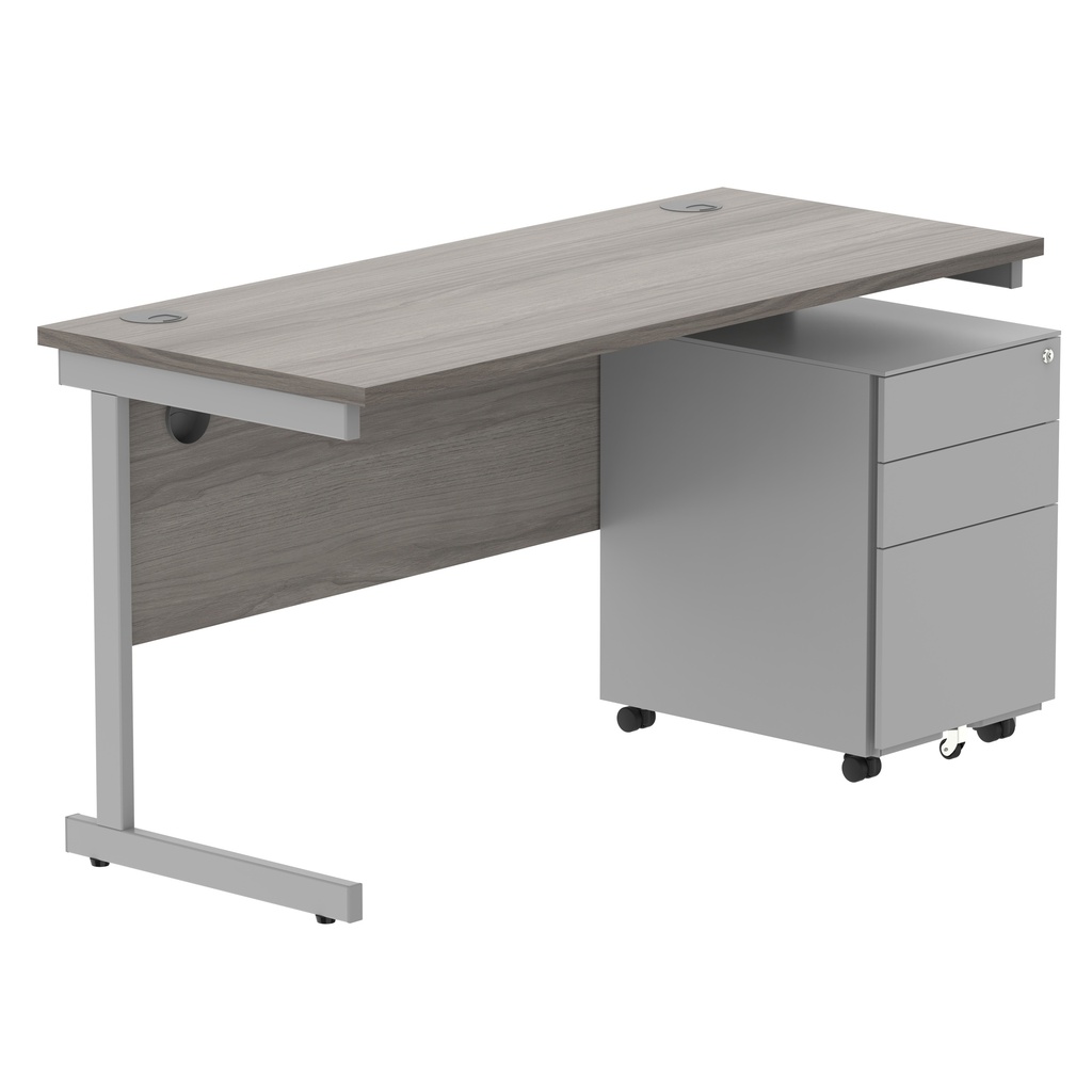 CORE Single Upright Rectangular Desk + Under Desk Steel Pedestal 3 Drawers (FSC) | 1400 X 600 | Alaskan Grey Oak/Silver