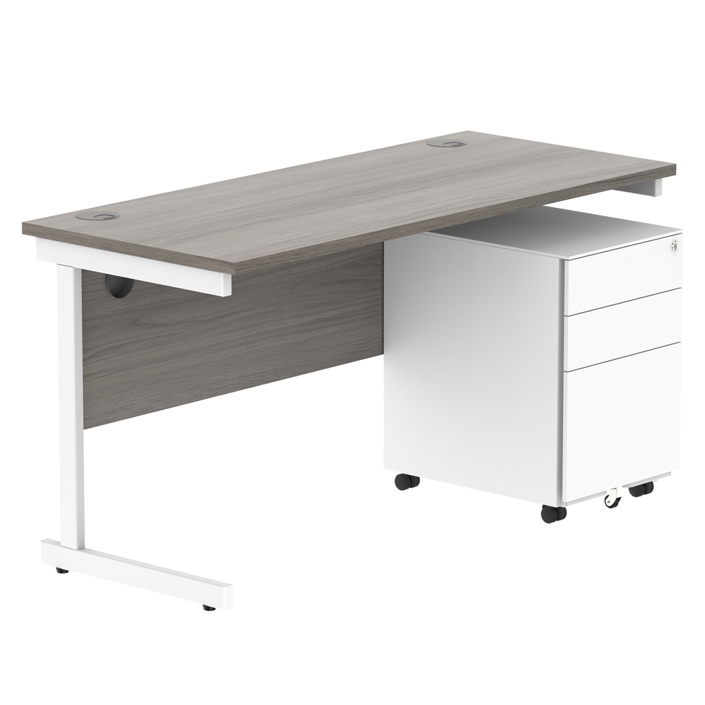 CORE Single Upright Rectangular Desk + Under Desk Steel Pedestal 3 Drawers (FSC) | 1400 X 600 | Alaskan Grey Oak/White