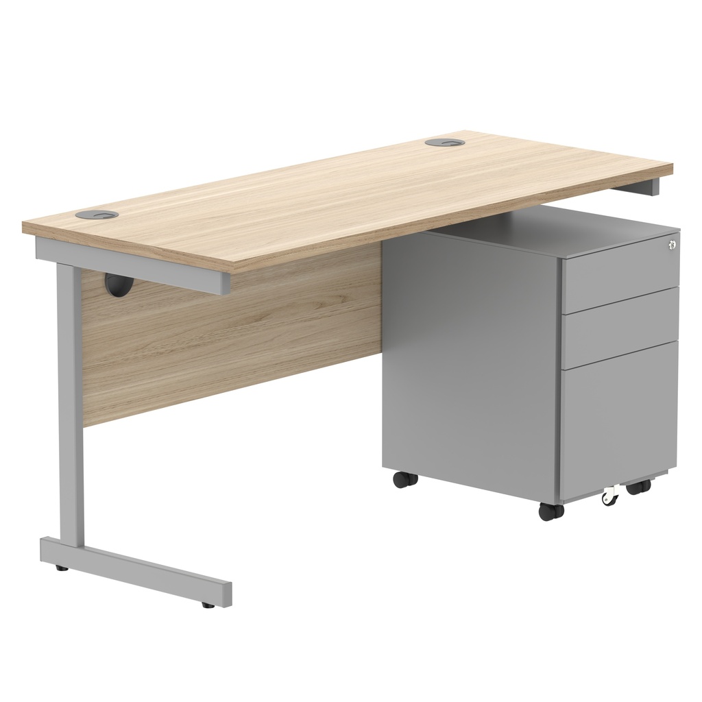 CORE Single Upright Rectangular Desk + Under Desk Steel Pedestal 3 Drawers (FSC) | 1400 X 600 | Canadian Oak/Silver