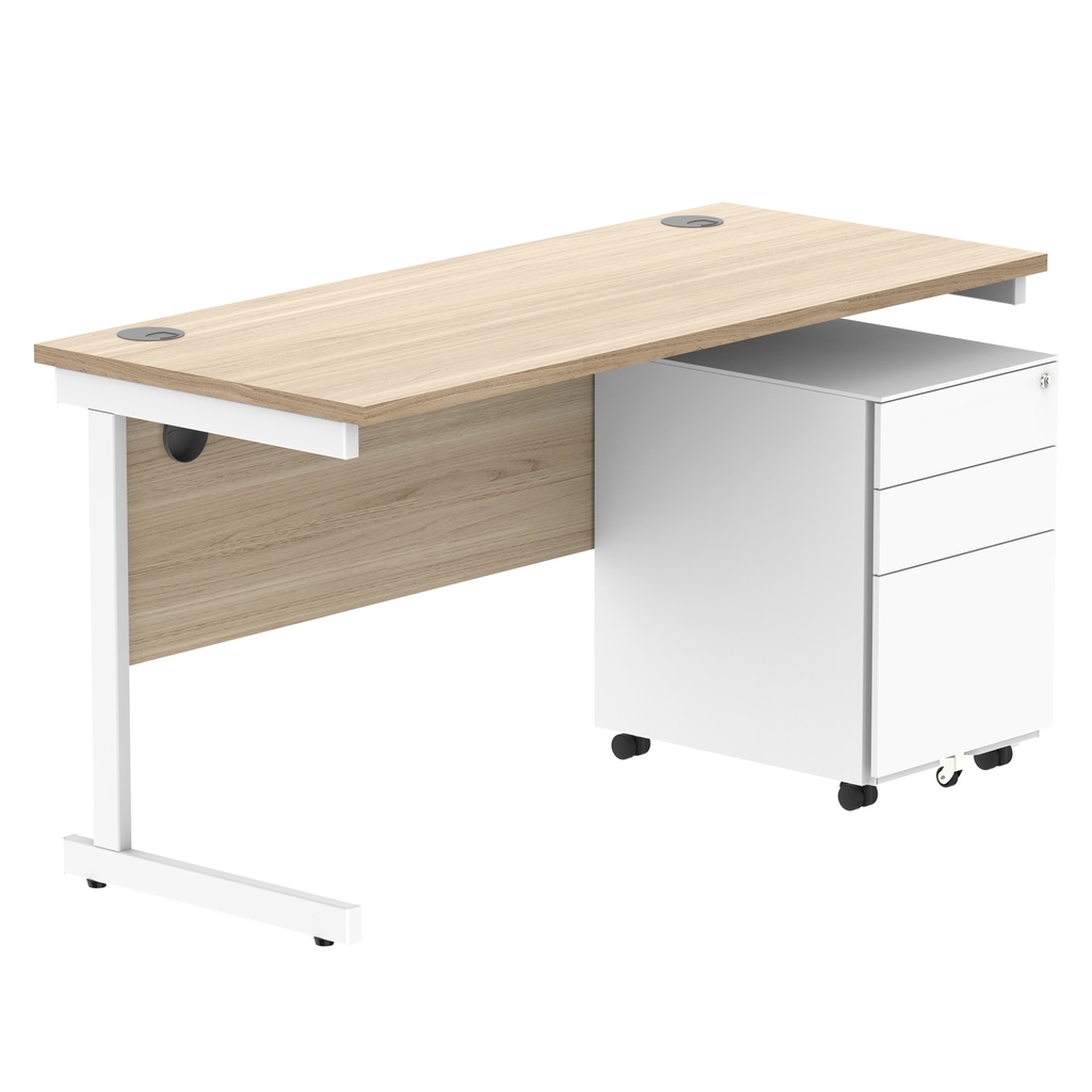 CORE Single Upright Rectangular Desk + Under Desk Steel Pedestal 3 Drawers (FSC) | 1400 X 600 | Canadian Oak/White