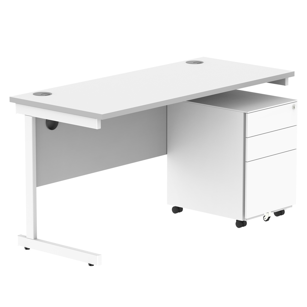 CORE Single Upright Rectangular Desk + Under Desk Steel Pedestal 3 Drawers (FSC) | 1400 X 600 | Arctic White/White