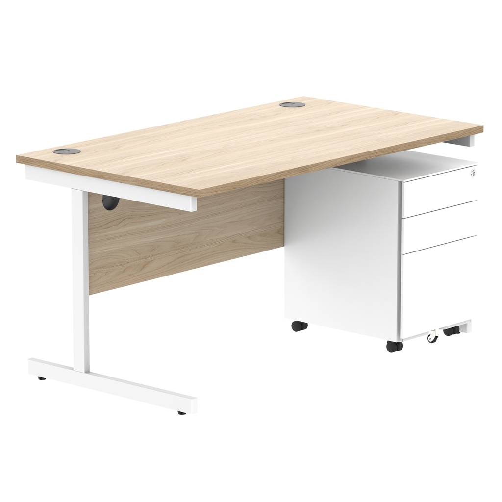 CORE Single Upright Rectangular Desk + Under Desk Steel Pedestal 3 Drawers (FSC) | 1400 X 800 | Canadian Oak/White