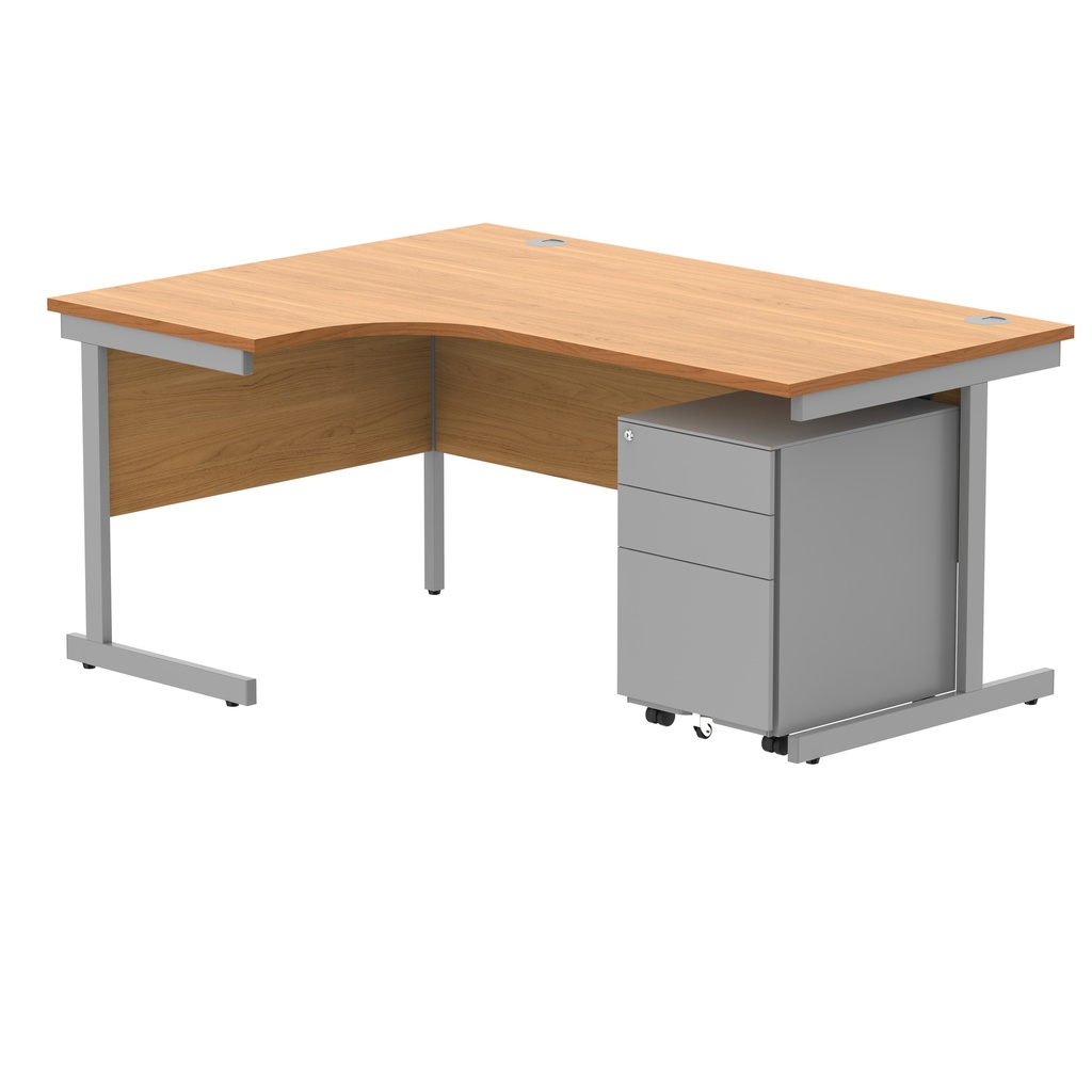 CORE Single Upright Left Hand Radial Desk + Under Desk Steel Pedestal 3 Drawers (FSC) | 1600 X 1200 | Norwegian Beech/Silver