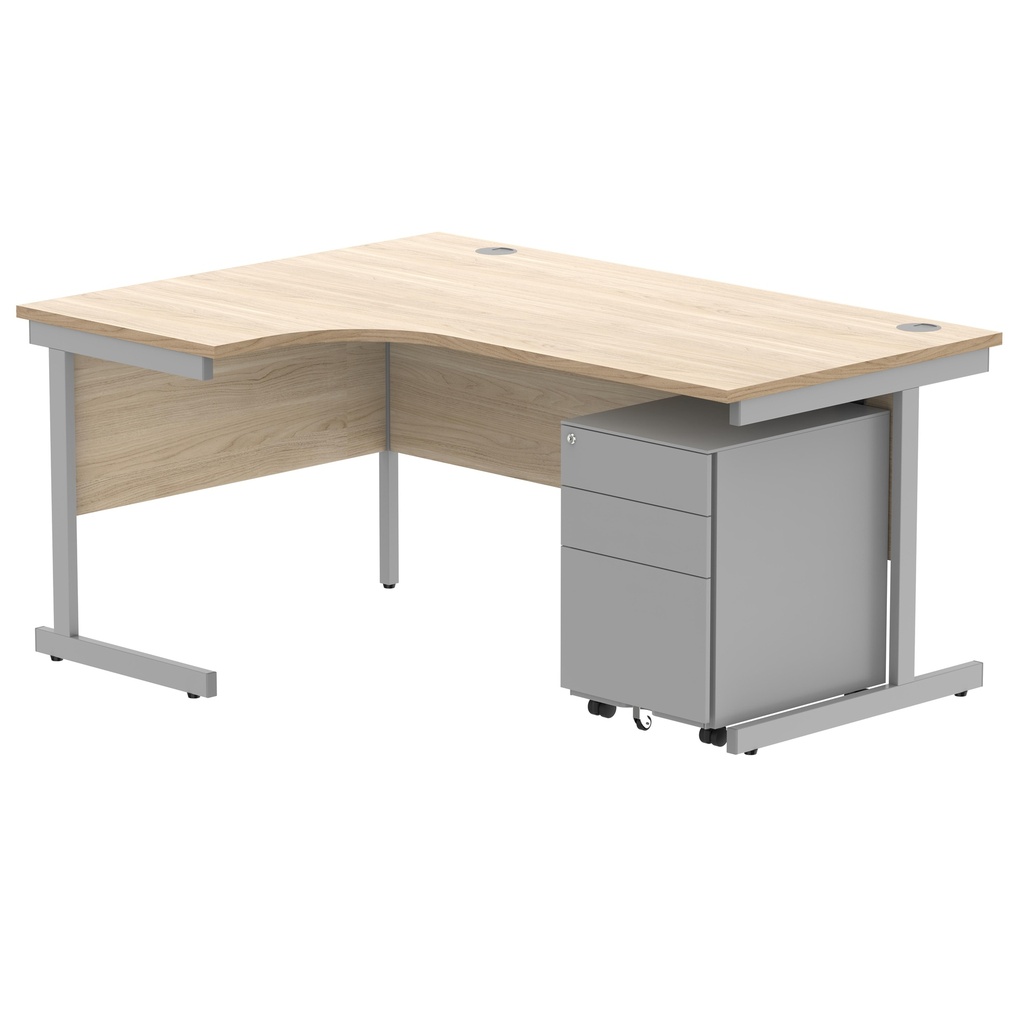 CORE Single Upright Left Hand Radial Desk + Under Desk Steel Pedestal 3 Drawers (FSC) | 1600 X 1200 | Canadian Oak/Silver